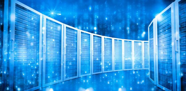 Blue network servers over glittering background