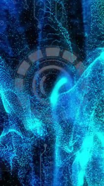 Mavi ve yeşil parçacıklar ve dairesel animasyon ile geleceksel dijital arayüz. Teknoloji, yenilik, veri, sanal, siber uzay, bilim kurgu