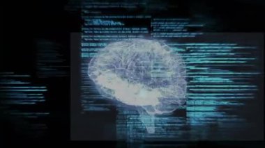 Beyin hologramının ortaya çıkmasıyla birlikte, dijital analiz için siyan kodlarla dönüyor. Gelecekçi, teknoloji, yenilik, sibernetik, nöral, soyut, dijital