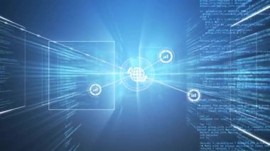 Darbe merkezi, ağ büyümesini gösteren çizgiler aracılığıyla ortaya çıkan dünya ve bar tablosu simgelerine neden oluyor. Gelecek, teknoloji, bağlantı, siber alan, veri, yenilik, dijital