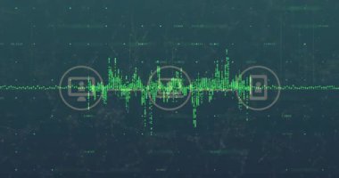 Temel çizginin görünmesi, dalga biçimi titreşimi, cihaz simgelerinin etrafında yanıp sönen veri noktaları. Teknoloji, dijital, fütüristik, veri, analitik, arayüz, ağ