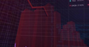 Kırmızı çubuklar kırmızı çizgide yükseliyor pazar eğilimlerini takip ediyor, etiketler güncellenirken grafik düğümleri çiziyor. Veri görselleştirme, analitik, gösterge paneli, finansal, dijital, geleceksel, teknoloji