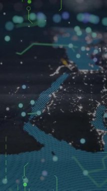 Okulda kıtalar boyunca parıldayan veri çizgileri olan dijital dünyanın animasyonu. Teknoloji, küresel, yenilik, bağlantılar, eğitim, fütüristik