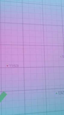 Mavi ve pembe gradyan arkaplan üzerinde istatistiksel veri işleme animasyonu. Bilgisayar arayüzü ve iş veri teknolojisi kavramı