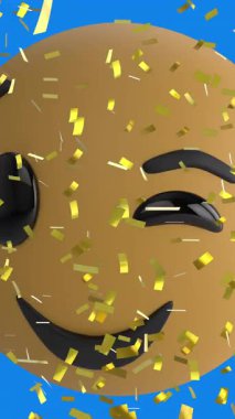 Mavi arka planda gülümseyen emoji ikonunun üzerine düşen konfeti animasyonu. Sosyal medya ve iletişim konsepti dijital olarak oluşturulmuş video.