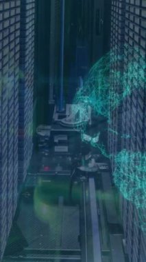 Animation of data processing over spinning globe against computer server room. Global networking and business data storage technology concept