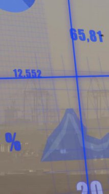 İstatistiksel veri işleme şebekesi üzerinden şehir manzarasının hava görüntüsüne karşı animasyon. Bilgisayar arayüzü ve iş veri teknolojisi kavramı