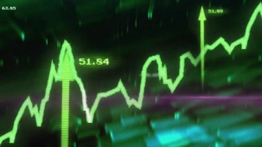 Yeşil çizgi çizelgesi, yumurtlayan oklarda salınıyor ve morumsu tarama ışınıyla yukarı eğilimi vurguluyor. Finans, veri görselleştirme, modern, teknolojik, analiz, dijital, analitik