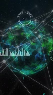 Karanlık arka planda dünya üzerindeki noktalarla olan bağlantı ağının animasyonu. Küresel finans, iş, bağlantılar, hesaplama ve veri işleme kavramı dijital olarak oluşturulmuş video.