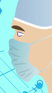 Tıbbi simgelerin üzerinde yüz maskesi olan erkek doktorun animasyonu. küresel covid 19 salgın konsepti dijital olarak oluşturulmuş video.
