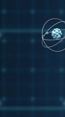 Siyah zemin üzerinde dönen atom modelleri ve veri işleme animasyonları. Küresel bilim, araştırma, bağlantılar, hesaplama ve veri işleme kavramı dijital olarak oluşturulmuş video.