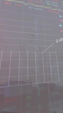 Şehir manzarasının havadan görüntüsüne karşı istatistiksel ve borsa veri işleme animasyonu. Küresel ekonomi ve iş veri teknolojisi kavramı