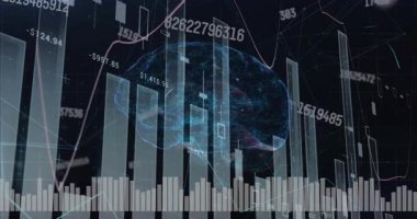 Canlı verileri görselleştirmek için çubuk grafikler yükselip alçalırken holografik beyin titreşimleri yükleniyor. Sinirsel, analitik, fütüristik, teknoloji, dijital, yenilikçi, eğilim