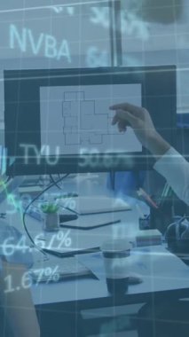 Animation of financial data processing over diverse business people in office. Global business, finances, computing and data processing concept digitally generated video.