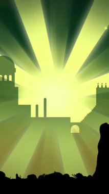 Yeşil arka planda, şehir manzarasında develer üzerinde üç bilge adamın siluetinin canlandırılması. Noel, kutlama ve gelenek konsepti dijital olarak oluşturulmuş video.