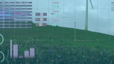 Solgun tablo, enerjiyi görselleştirmek için rüzgar türbini sallanırken, ölçekleri ve grafikleri kaplar. Yenilenebilir, sürdürülebilirlik, veri görselleştirme, teknoloji, çevre dostu, çevresel, bilgi grafikleri