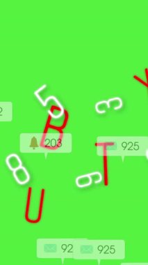 Sosyal medya tepkilerinin, harflerin ve numaraların yeşil arka planda canlandırılması. Sosyal medya ve iletişim konsepti dijital olarak oluşturulmuş video.