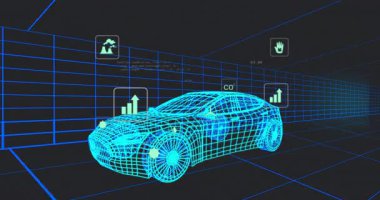 Donanma ızgarasında kablo çerçeve sedan modeli açılıyor metrik simgeler zayıflıyor ve çevresel verileri vurguluyor. Gelecek, teknoloji, sürdürülebilirlik, yenilik, dijital, çevre dostu, sibernetik