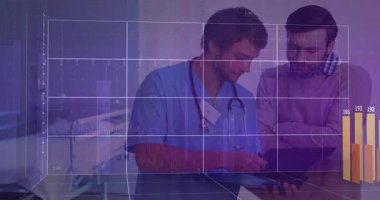 Doktor kalemi panoya doğrultuyor. 3D ızgarayı başlatıyor ve hasta incelemesi için tıbbi tabloları canlandırıyor. Sağlık, veri görselleştirme, analiz, tıbbi illüstrasyon, dijital arayüz, profesyonel, teknoloji