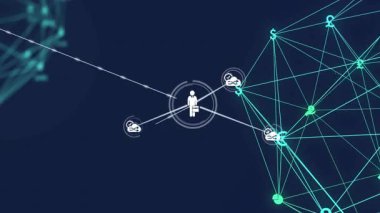 Döngü simgelerini turkuaz veri ağı oluşturan ağlara bağlayan çizgilere uzanan kişi simgesiyle başlıyoruz. Teknoloji, bağlantı, yenilik, dijital, analitik, işbirliği, finans