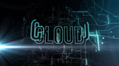 Soldan gelen alevler, ağ bağlantısını göstermek için CLOUD ve ana hatları oluşturan harflere neden oluyor. Fütürist, siber güvenlik, dijital, teknoloji, yenilik, ağ, parlama