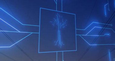 Alacakaranlık, neon mavi kare yanıp sönen kıvılcımlar elektrik şebekesine uzanan devre ağacı hatları oluşturuyor. Teknoloji, yenilik, fütürizm, dijital, siber, enerji, biyofilik