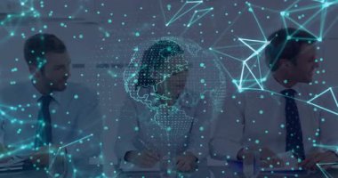 Küresel örtüşme göründükçe not alan iş adamları, sıralı rehberlik toplantıları. İşbirliği, teknoloji, yenilik, modern, takım çalışması, şirket, strateji