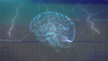 Şebeke etkinleştirilmesi, nöral ağı görselleştirmek için elektrik yayları arasında dönen holografik beyni tetikler. Gelecek, teknoloji, dijital, yenilik, soyut, nöral, sanal