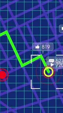 Mavi arkaplan üzerindeki navigasyon haritası çizgileri üzerinden sosyal medya simgelerinin canlandırılması. GPS navigasyon teknolojisi kavramı
