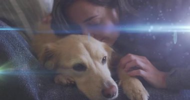 Kadının eli kanepede köpeğini okşayarak içeri giriyor, sağlık sigortası sergiliyor, ışık çizgisi çiziyor. Köpekler, hayvanlar, sarılma, rahatlık, arkadaşlık, rahatlık, huzur