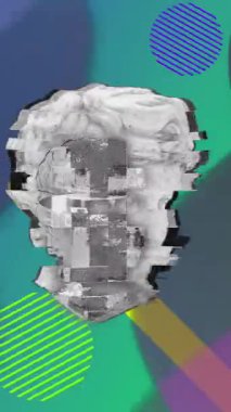 Neon soyut arka plan üzerinde antik kafa heykellerinin animasyonu. Dijital olarak oluşturulmuş soyut, şekil, renk ve hareket konsepti.