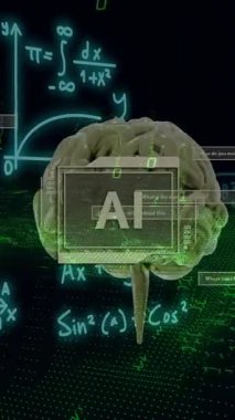 Siyah arkaplan üzerinde ai metin, beyin ve dijital veri işleme animasyonu. Dijital olarak oluşturulmuş küresel yapay zeka, bağlantılar, hesaplama ve veri işleme kavramı.