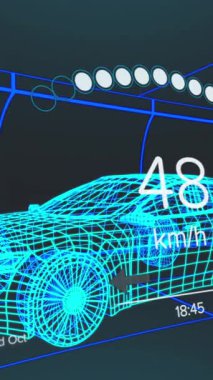 Araç arayüzündeki hız göstergesinin, GPS 'in ve durum verilerinin animasyonu, 3D' den fazla araba modeli. Ulaşım ve teknoloji, mühendislik tasarımı ve dijital arayüz konsepti dijital olarak oluşturulmuş video.