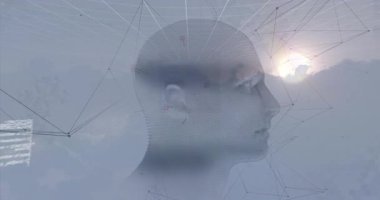 Küre, çokgen kafanın etrafında dönen kamerayı başlatıyor. Şebeke atımları ve arızalar sürüyor. Soyut, fütüristik, teknoloji, dijital, bilim kurgu, sinirsel, yenilik