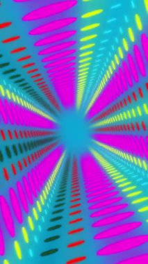 Mavi arka planda hareket eden soyut neon dairelerin animasyonu. Şekil, kalıp ve renk konsepti dijital olarak oluşturulmuş video.