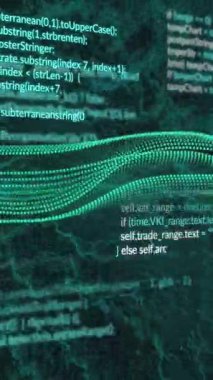 Siyah zemin üzerinde dinamik dalgalar olan dalga desenleri ve bilgisayar dilinin animasyonu. Dijital olarak oluşturulmuş, hologram, illüstrasyon, kodlama, veri, bağlantı ve teknoloji kavramı.