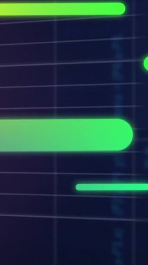 Birden fazla grafik üzerinde hareket eden çubukların animasyonu ve arka planda bilgisayar dili olan ticaret panosu. Dijital olarak üretilmiş, hologram, borsa, rapor, iş dünyası, kodlama ve teknoloji kavramı.
