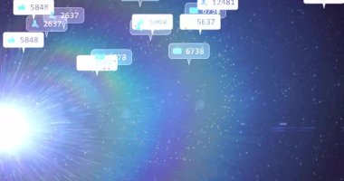 Yıldız sahasının üzerinde sürüklenen beyaz ışık patlamaları, kümeleniyor, sonra zayıflıyor, çarpışmayı gösteriyor. Dijital, fütüristik, enerjik, soyut, ağ, teknoloji, bağlantı