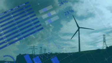 Mavi veri tablosu, tüm veri bilgilerini almak için rüzgar tarlasında canlanan çizelgelerde kayboluyor. Yenilenebilir, sürdürülebilirlik, enerji, veri görselleştirme, çevre, altyapı, teknoloji
