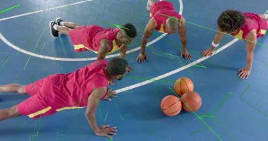 Görsel ıstaka basketbol takımında yeşil dijital kabartma hareketleriyle şınav çekiyorlar. Sporcular, takım çalışması, antrenman, dijital grafikler, güç, spor kıyafeti