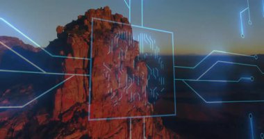 Neon-mavi kare kaya monolit üzerinde maddeleşiyor, devre çizgileri veri kümesini görselleştiriyor. Gelecek, teknoloji, dijital, soyut, sinirsel, yenilik, ağ