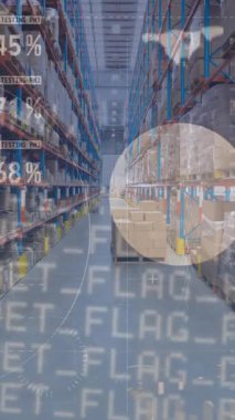 Boş bir depoda veri işleme animasyonu. Dijital olarak oluşturulan küresel gönderim ve dağıtım konsepti.