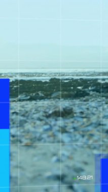 Grafiklerin animasyonu ve açık gökyüzüne karşı sahildeki atıkların düşük açılı görüntüsünün haritası. Dijital bileşik, çoklu pozlama, küresel, rapor, finans, çöp, iş, doğa ve geri dönüşüm kavramı.