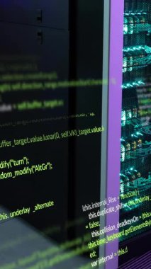 Animation of data processing against computer server room. Computer interface and business data storage technology concept