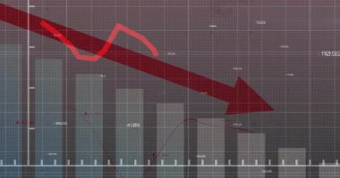 Kırmızı ok sol üstten canlandırılıyor, çubuk grafiği veri izleme eğiliminde dalgalanan kırmızı çizgi gösteriyor. Analizler, performans, bilgi, iş, büyüme, yatırım, içgörü