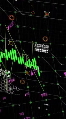 Siyah arkaplandaki devre kartı deseninde değişen sayılarla birden fazla grafiğin animasyonu. Dijital olarak üretilen hologram, illüstrasyon, rapor, iş dünyası, büyüme ve soyut kavram.