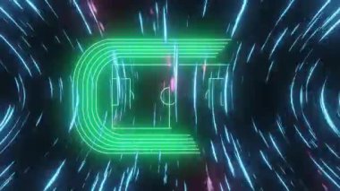 Mavi çizgiler yeşil çizgileri başlatarak stadyumu görselleştirmek için oval pist ve futbol işaretleri çiziyor. Futuristik, soyut, hareket, dijital, canlı, dinamik, spor