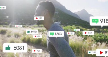 Bir adamın etrafında dolanan, koşan, sosyal medya ikonları oluşturan, çatışmayı arttıran yorum. Açık hava, spor, motivasyon, yaşam tarzı, dinamik, enerjik, atletik