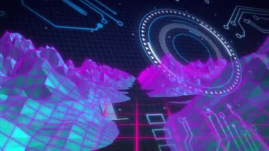 Döngü başlangıcında, döndüren HUD titreşimli neon ızgara, geriye dönük navigasyonu görselleştirmek için ortaya çıkan paneller. Siber uzay, fütüristik, dijital, teknoloji, soyut, sanal, neon