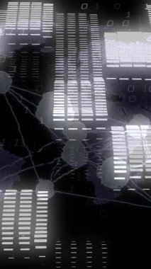 Dünya haritası ve ikili kod üzerinden küresel ağ bağlantıları ve veri transferi canlandırılıyor. Teknoloji, dijital, siber güvenlik, internet